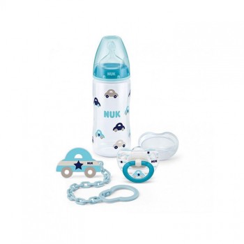 NUK set (flašica + varalica + plavi lančić za varalicu) NUK set (flašica + varalica + plavi lančić za varalicu)